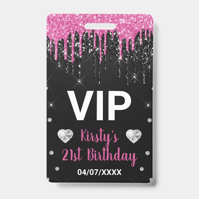 Hot Pink Dripping Glitter & Diamonds Birthday ID Badge (Front)
