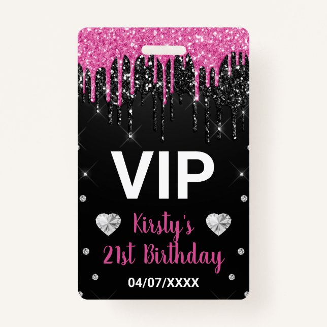 Hot Pink Dripping Glitter & Diamonds Birthday ID Badge (Front)