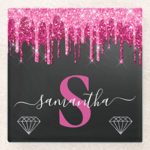 Hot Pink Dripping Glitter on Black Monogram Glass Coaster