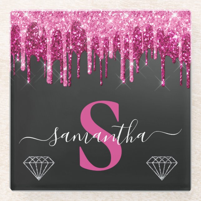 Hot Pink Dripping Glitter on Black Monogram Glass Coaster (Front)