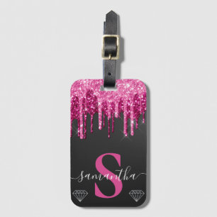 Hot Pink Dripping Glitter on Black Monogram Luggage Tag