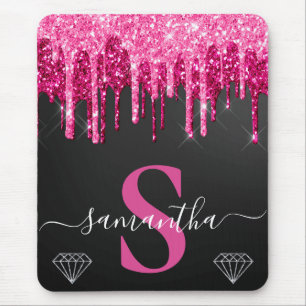 Hot Pink Dripping Glitter on Black Monogram Mouse Mat