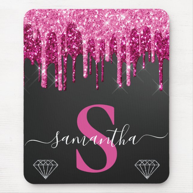 Hot Pink Dripping Glitter on Black Monogram Mouse Mat (Front)