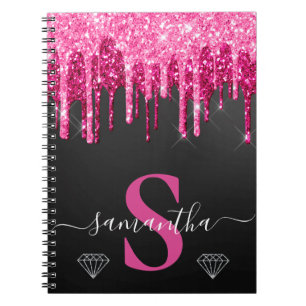 Hot Pink Dripping Glitter on Black Monogram Notebook