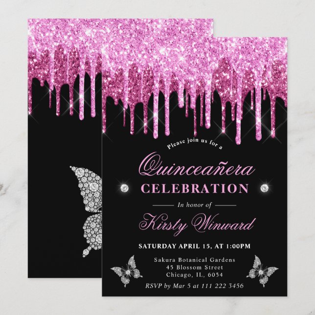 Hot Pink Dripping Glitter Quinceanera Invitation (Front/Back)
