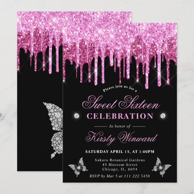 Hot Pink Dripping Glitter Sweet 16 Invitation (Front/Back)