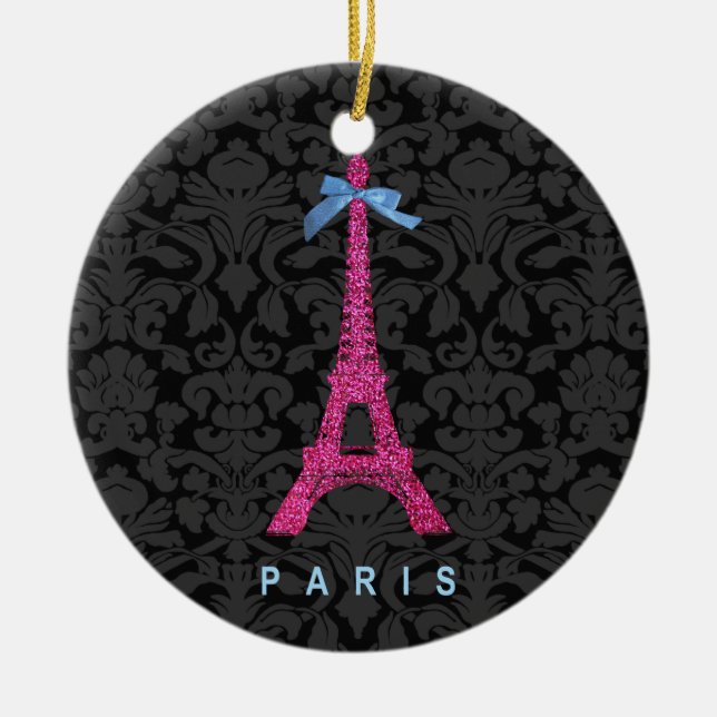 Hot Pink Eiffel Tower in faux glitter Ceramic Tree Decoration (Front)