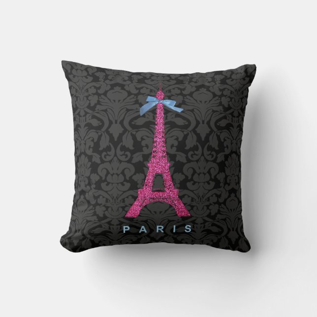 Hot Pink Eiffel Tower in faux glitter Cushion (Front)