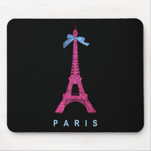 Hot Pink Eiffel Tower in faux glitter on black Mouse Mat