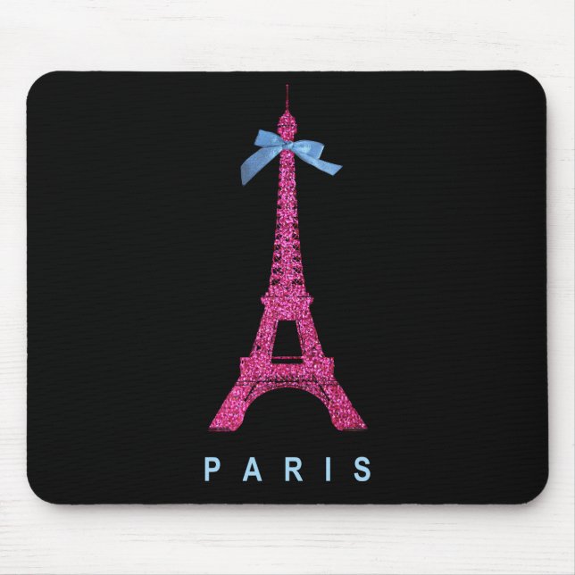 Hot Pink Eiffel Tower in faux glitter on black Mouse Mat (Front)