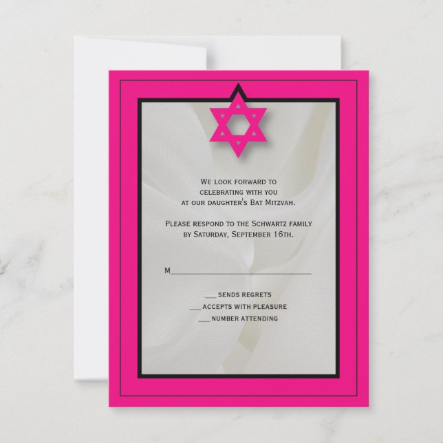 Hot Pink Elegant Fabric Bat Mitzvah RSVP Reply (Front)