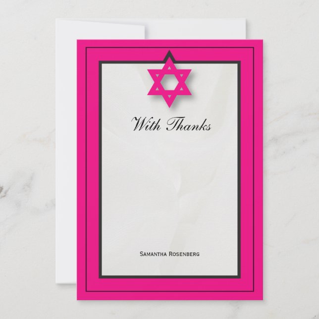 Hot Pink Elegant Fabric Bat Mitzvah Thank You Note (Front)