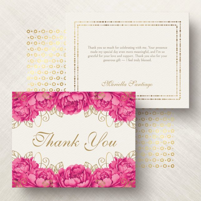 Hot Pink Elegant Floral Quinceanera Thank You Card (Creator Uploaded)