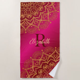Hot Pink Elegant Mandala Monogram Summer Beach Towel