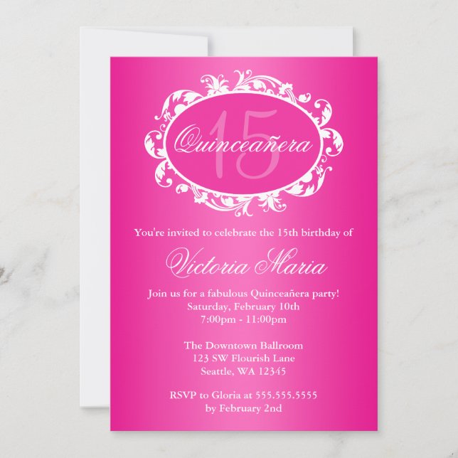 Hot Pink Elegant Swirl Quinceanera Birthday Party Invitation (Front)