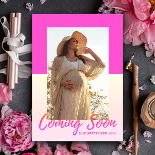 Hot Pink Elegant Typography Photo Pregnancy Announcement