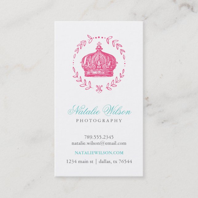 Hot Pink Elegant Vintage Crown Vertical Business Card (Front)