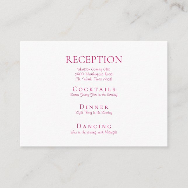Hot Pink Elegant Wedding Reception Enclosure Card (Front)