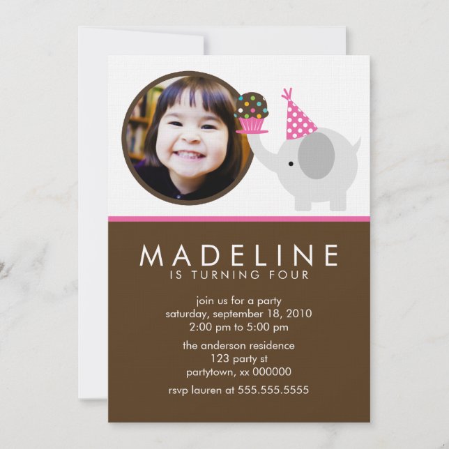 Hot Pink Elephant and Cupcake Photo Birthday Invitation (Front)