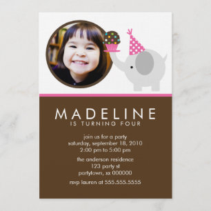 Hot Pink Elephant and Cupcake Photo Birthday Invitation