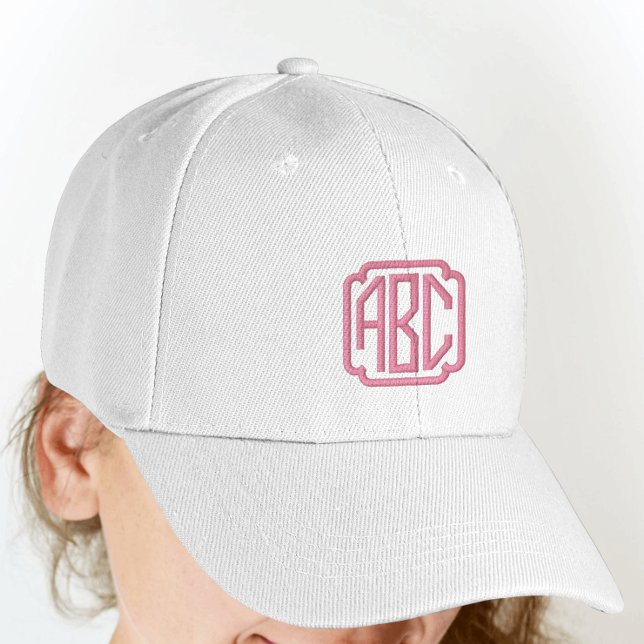 Hot Pink Embroidered Hat Monogram on White Cap (Creator Uploaded)