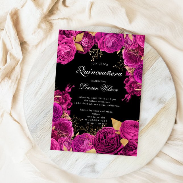 Hot Pink Exclusive Floral Photo Quinceanera  Invitation (Creator Uploaded)