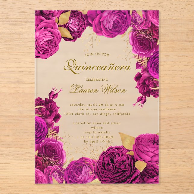 Hot Pink Exclusive Floral Quinceanera  Acrylic Invitations (Front)