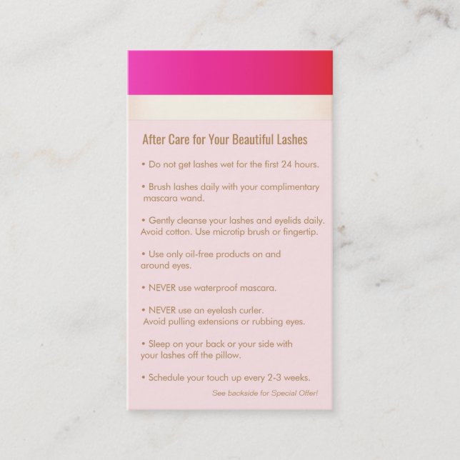 Hot Pink Eyelash Extensions Aftercare Referral (Front)