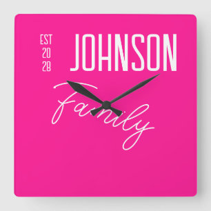 Hot Pink Family Name Square Wall Clock