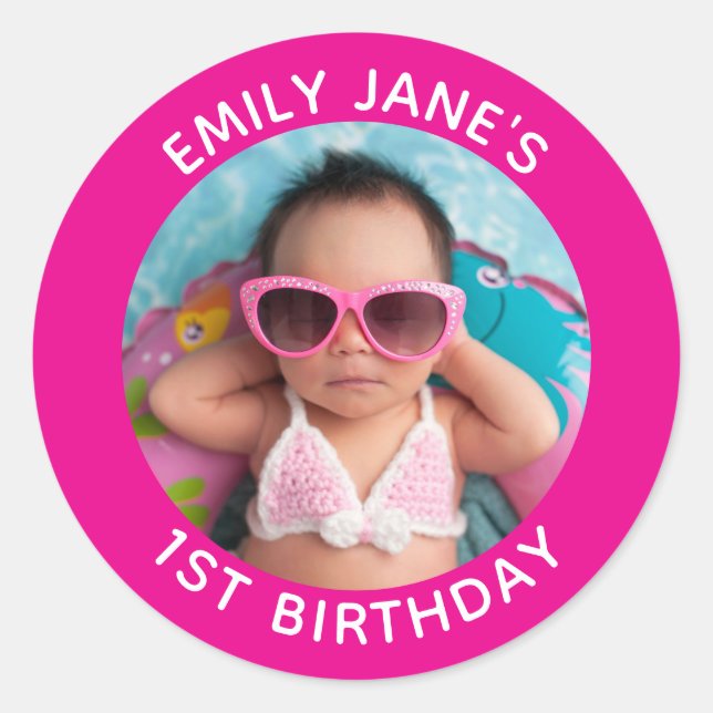 Hot Pink Family Photo 1st Birthday Favour Classic Round Sticker (Front)