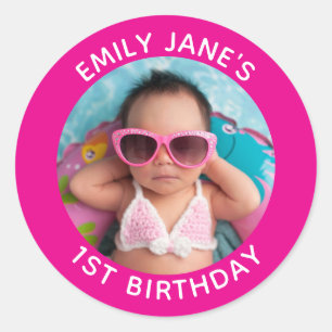 Hot Pink Family Photo 1st Birthday Favour Classic Round Sticker
