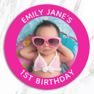 Hot Pink Family Photo 1st Birthday Favour Classic Round Sticker
