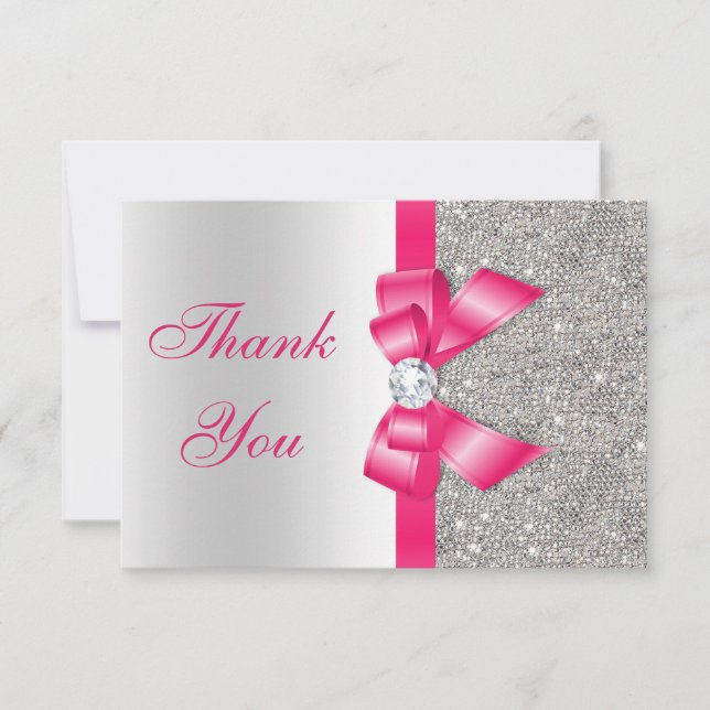 Hot Pink Faux Bow & Diamonds Blank Thank You (Front)