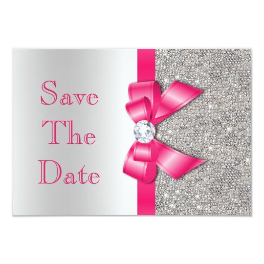 Hot Pink Faux Bow & Diamonds Save The Date Card