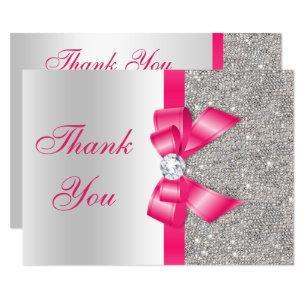 Hot Pink Faux Bow & Diamonds Thank You Card