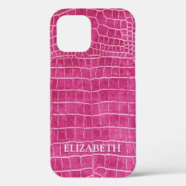 Hot Pink Faux Crocodile Leather Personalised Name iPhone 12 Case