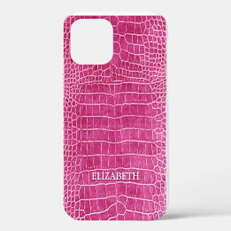 Hot Pink Faux Crocodile Leather Personalised Name iPhone 12 Case