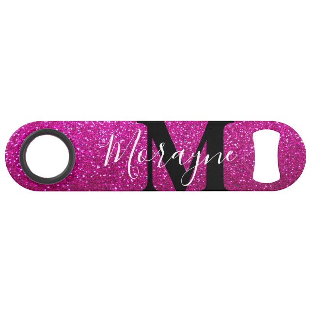 Hot Pink Faux Glitter Black White Monogram Name (Back Horizontal)
