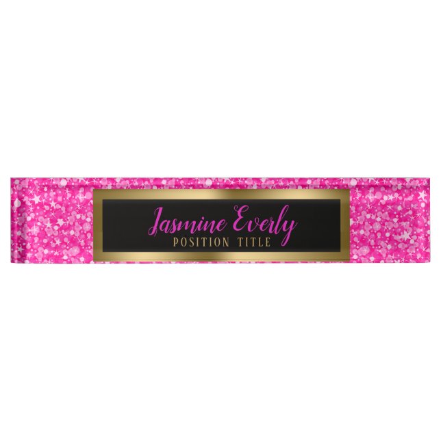 Hot Pink Faux Glitter Gold Accents Nameplate (Front)