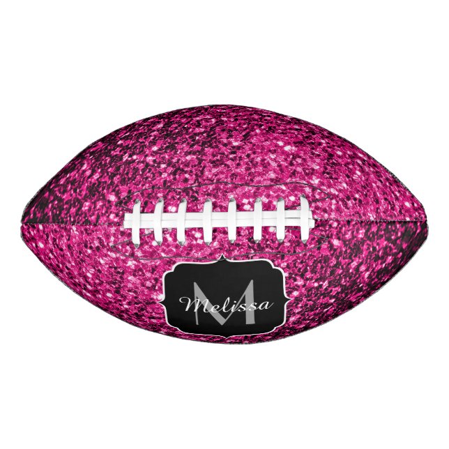 Hot pink faux glitter sparkle Monogram name American Football (Front)