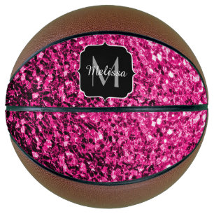 Hot pink faux glitter sparkle Monogram name Basketball