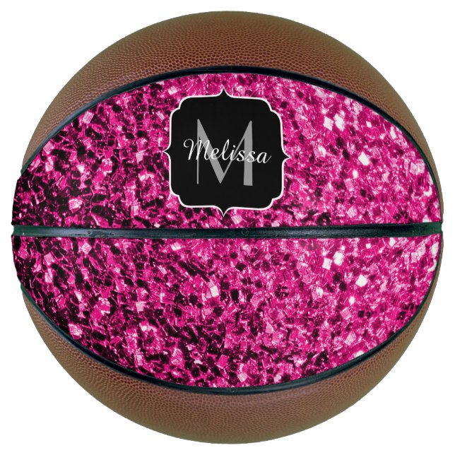 Hot pink faux glitter sparkle Monogram name Basketball (Front)