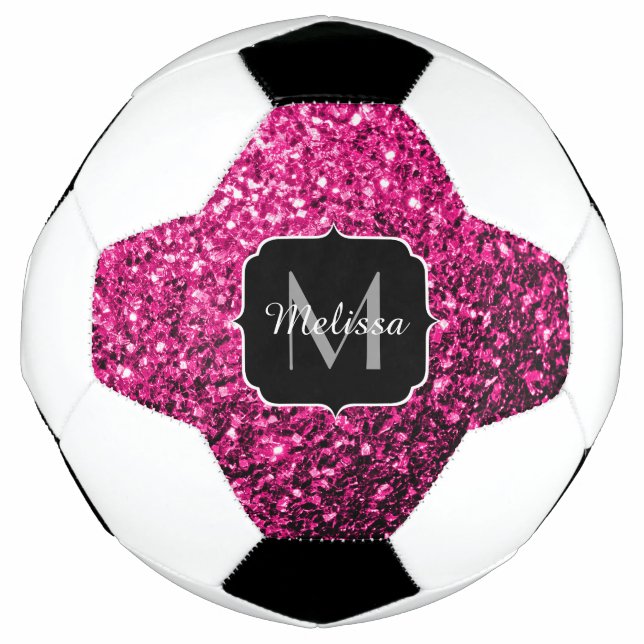 Hot pink faux glitter sparkle Monogram name Football (Front)