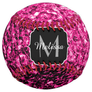 Hot pink faux glitter sparkle Monogram name Softball