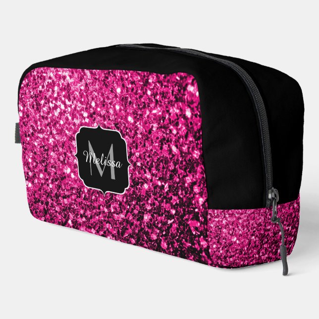 Hot pink faux glitter sparkles black Monogram Dopp Kit (Right Corner)
