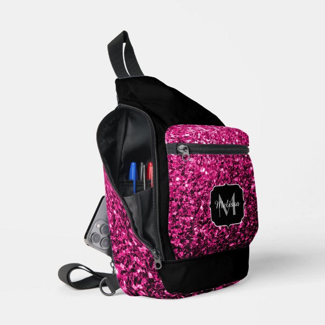 Hot pink faux glitter sparkles Black Monogram Sling Bag (Open)