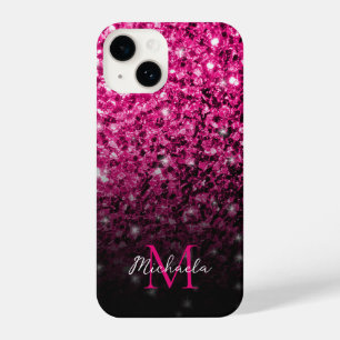 Hot pink faux glitter sparkles bling Monogram iPhone 14 Case