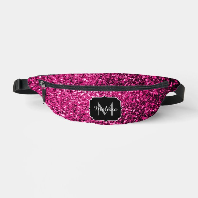 Hot pink faux glitter sparkles Monogram Bum Bags (Front)