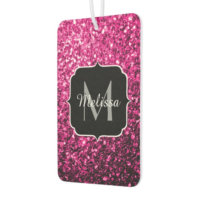 Hot pink faux glitter sparkles Monogram Car Air Freshener (Left)