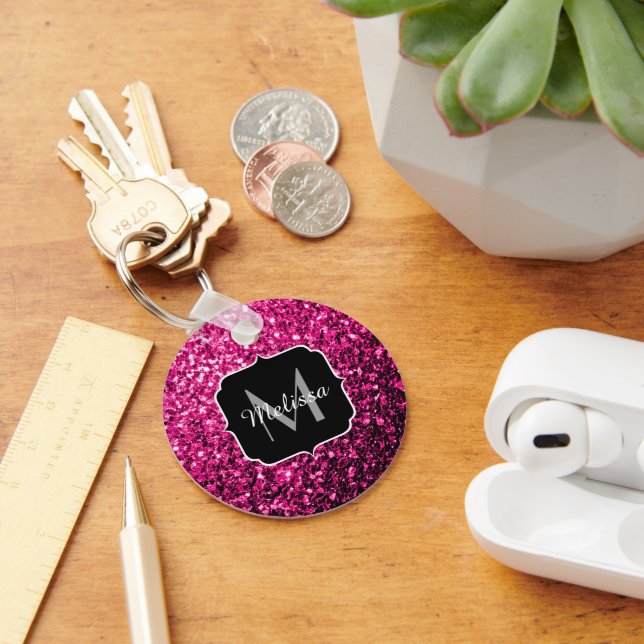 Hot pink faux glitter sparkles Monogram Key Ring (Desk)